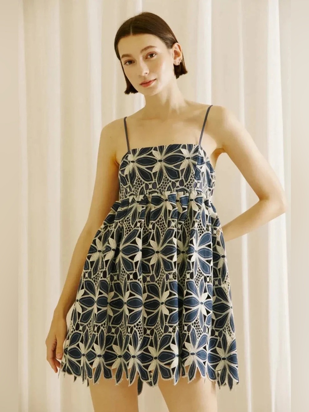 Storia Clea Embroidered Babydoll Mini Dress Navy Blue & White - Small